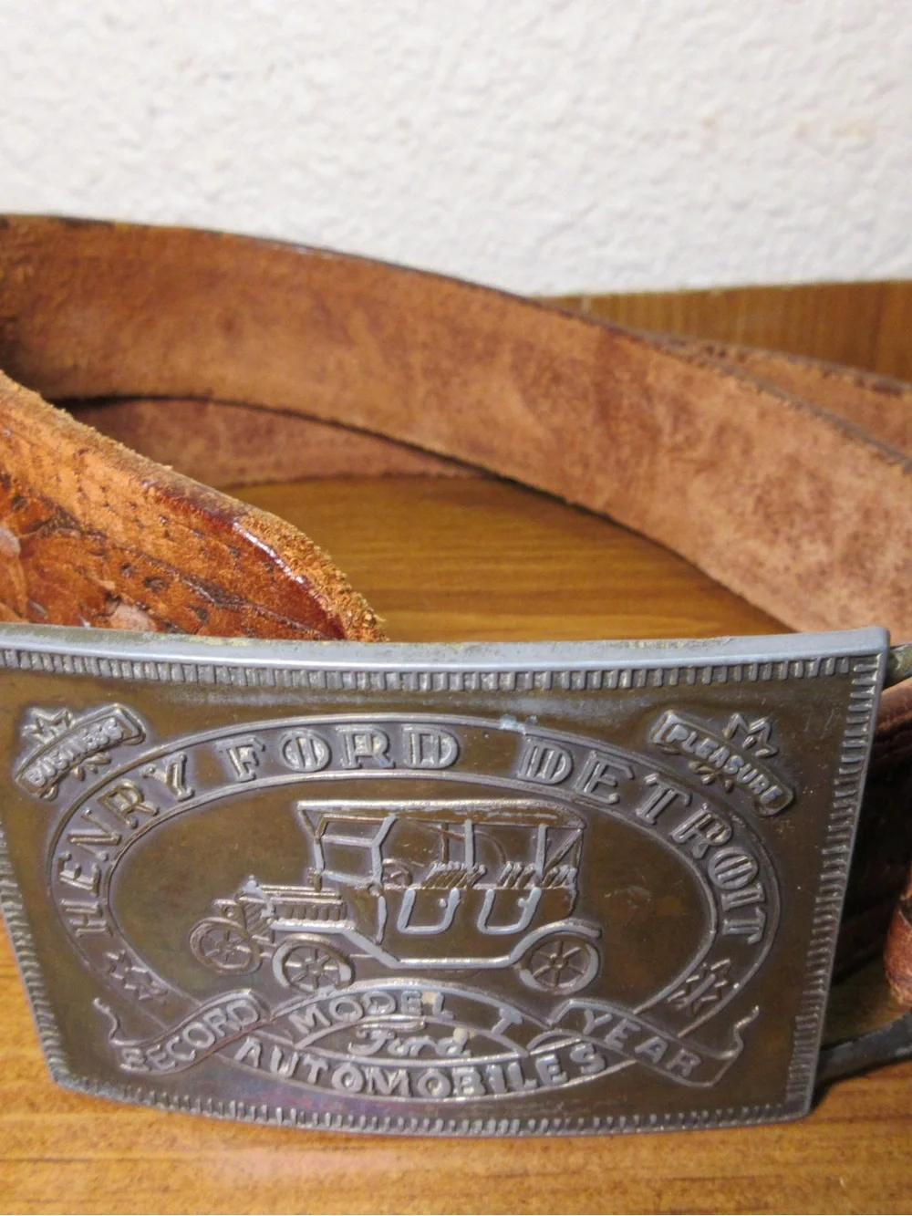 Ford Silver-Tone Embossed Automobile Buckle with Brown Leather Belt